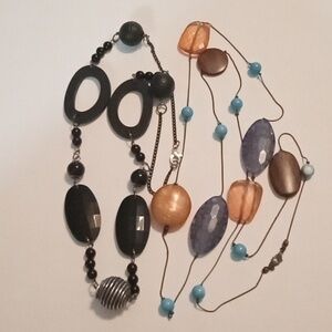 #830. 2 Piece Faux Wood, Faux Stone, Black, Blue & Silver Necklace Bundle
